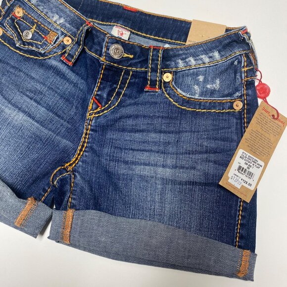 size 26 NEW True Religion mid rise cut off flap pocket OM Big T denim shorts $22 - Picture 3 of 10